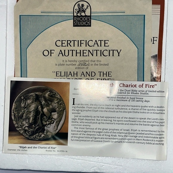 Treasures of Doré Bible Elijah Chariot of Fire Rhodes Studio Fused Bronze Plate - Picture 5 of 5